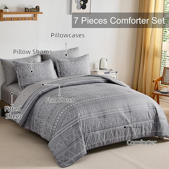 WONGS BEDDING Grey Boho Comforter Set Queen Size,Dark Grey Bed in a Bag 7 Pieces Texture Stripe Comforter Reversible Soft Microfiber Bedding Set for All Season with Sheets, Pillowcases & Shams