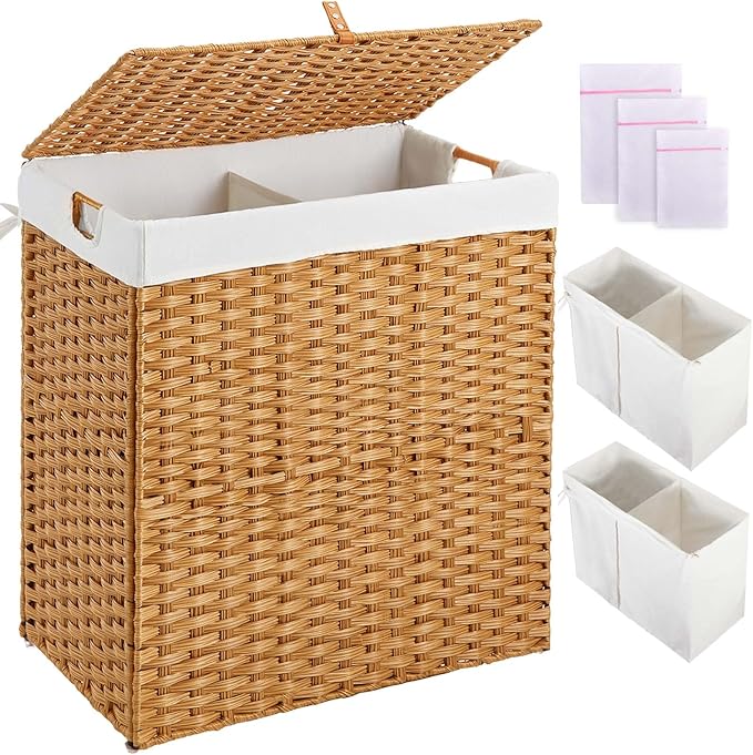 Greenstell Laundry Hamper with lid, No Install Needed, 110L Wicker Laundry Baskets Foldable 2 Removable Liner Bags, 2 Section Clothes Hamper Handwoven Rattan Laundry Basket with Handles, Natural by Greenstell