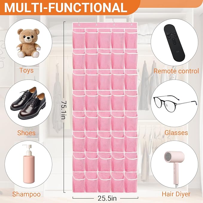 40-Pocket Over the Door Shoe Organizer - Large Mesh Pocket Hanging Shoe Organizer,Behind the Door Shoes Storage Holder Hanger (Pink-W) - Image 3