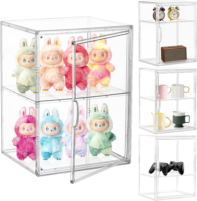 Attelite Acrylic Display Case Compatible with POP MART Labubu Display Case 4 Pack Clear Display Box with Magnetic Door for Figures Collectibles, 3 Adjustable Layers with a Removable Divider,X Large by Attelite