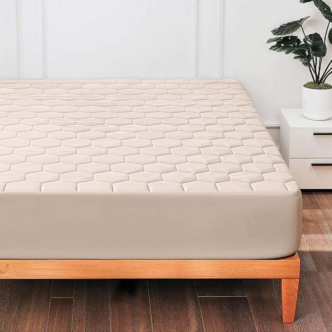 Hearth & Harbor Twin Size Quilted Fitted Mattress Pad Cover, 100% Waterproof Mattress Protectors, Deep Pocket Fitted Mattress Cover 8" - 21" (39" x 75", Beige Cream)
