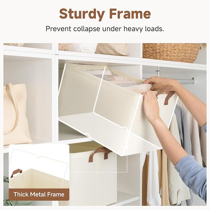 StorageWorks Storage Bins, Shelves Baskets for Organizing, 45L Extra Large Fabric Closet Organizers with Handles, Metal Frame, Beige-Texture, 2-Pack - Image 4