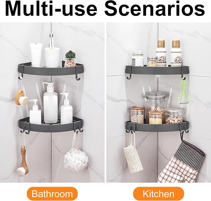 DUFU Adhesive Corner Shower Caddy with Hooks,Bathroom Shower Organizer, No Drilling Rust Proof Aluminum Shower Shelf for Inside Shower 2 Pack (Grey) - Image 5