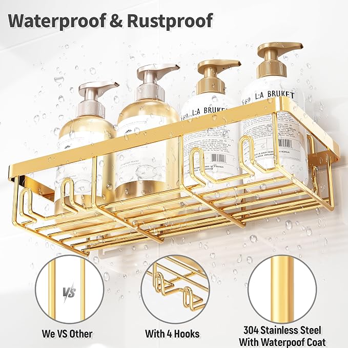 Liuoud 5 Pack Shower Caddy Organizer Rack Shelf for Inside Shower, Self Adhesive Wall Storage Basket Rustproof Stainless Steel Shampoo Holder Bathroom Accessory Decor Set, Gold - Image 4