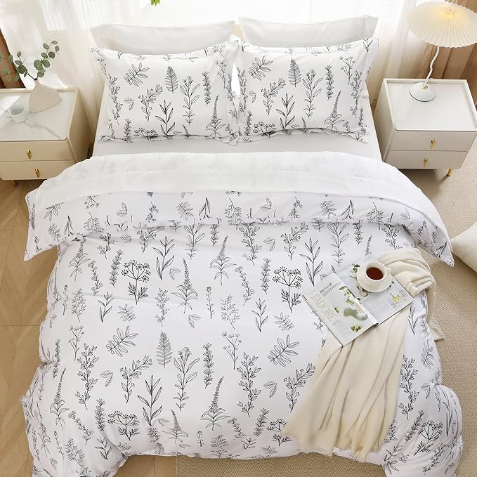 MUXHOMO White King Comforter Set, Elegant Floral Print Bed in a Bag 7 Pieces, Ultra Soft & Breathable Reversible Botanical Pattern Bedding Set with Comforter, Sheets, Pillowcases, and Shams