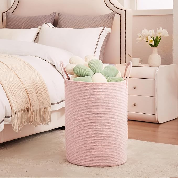 Large Pink Laundry Basket 15x20 Inches, 60L Woven Rope Hamper for Baby Girls and Kids, Tall Nursery Storage Bin, Kawaii Bedroom Laundry Hamper - Image 9