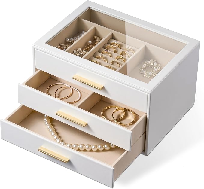 pickpiff Jewelry Box Organizer Case for Women: 3-Layer Jewelry Storage Case with Glass Window, Pure White Leather with Velvet Holder for Ring Necklace Bracelet Brooch Watch, Great Gift for Her - Image 9