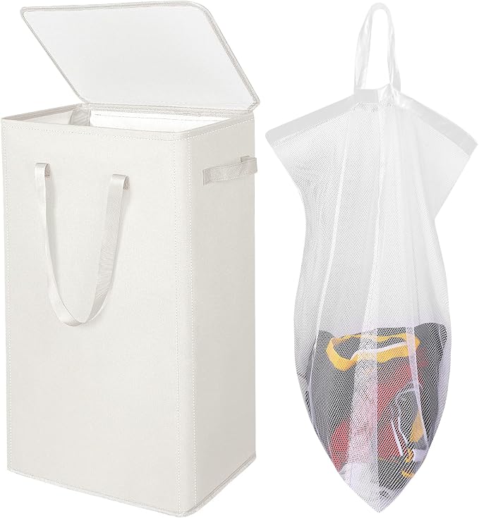 Odonata 75L Slim Laundry Hamper with Lid,Large Foldable Laundry Basket with Removable Bag and Handles Tall Collapsible Dirty Clothes Basket Great for Bedroom, Bathroom, Dorm, College,RV. (Beige, 75L) by Odonata