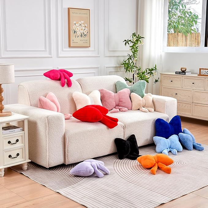 XVTRU Bow Pillow, Soft Bow Decorative Pillows with Faux Rabbit Fur, Cute Bow Throw Pillows, Aesthetic Home Decor Bow Shaped Plush Pillow for Bedroom Sofa Couch (Orange, Small-12 Inch)