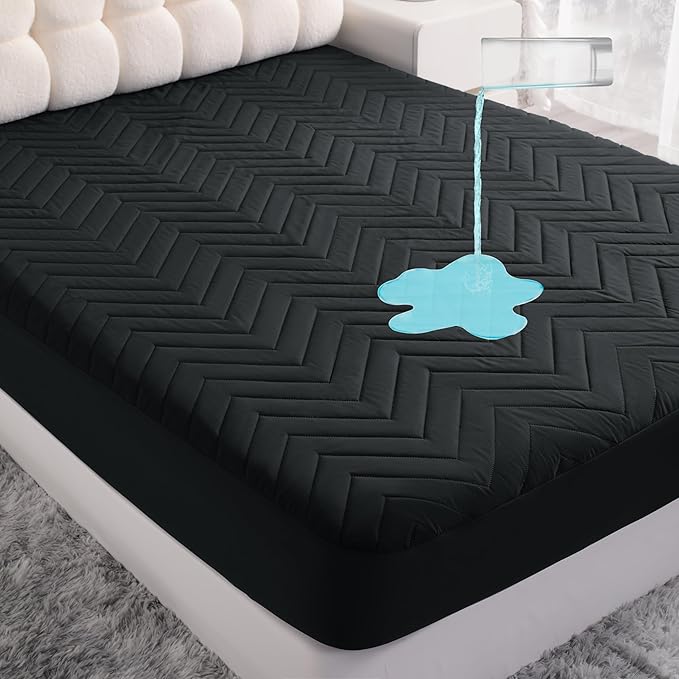Quilted Waterproof Mattress Protector - Twin Size 15" Deep Pocket Fitted Sheet, Ultra-Soft Breathable and Machine Washable Mattress Pad Cover - Black