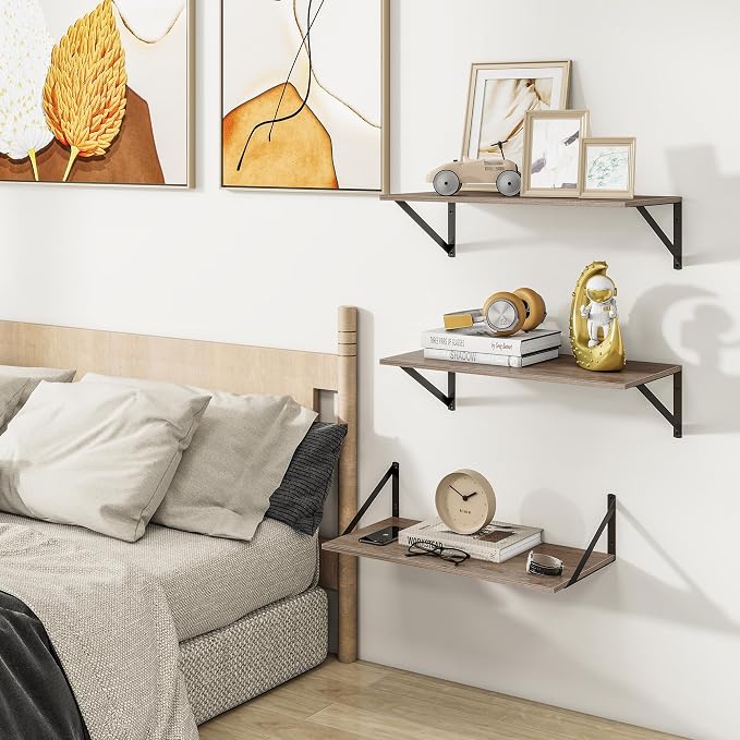 Heimlove 24" W x 12" D Wall Shelves for Books, 12 Inch Deep Floating Shelves Set of 3, Wide Floating Bookshelf with Metal Bracket for Living Room, Kitchen, Office, Bedroom and Decor Storage - Grey - Image 6