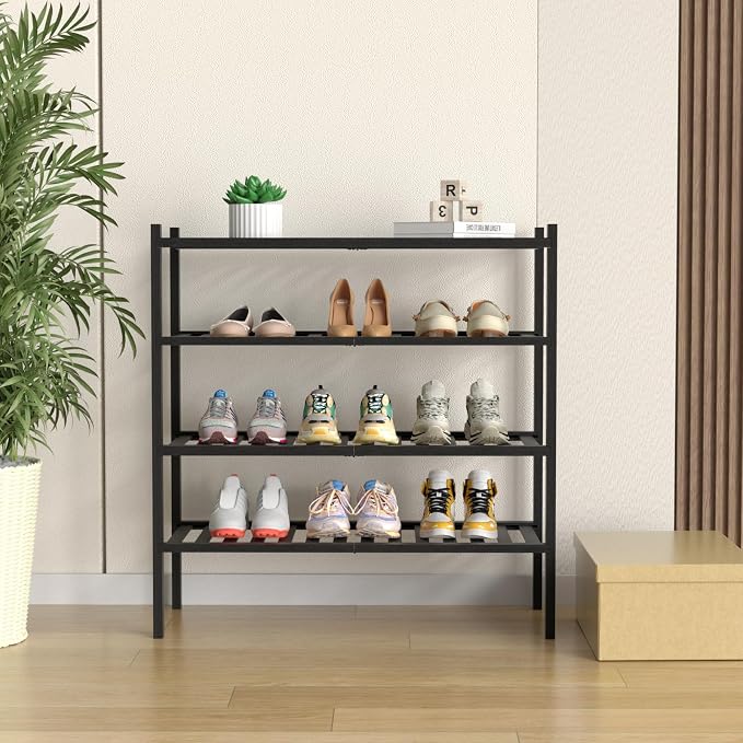 ROMGUAR CRAFT 4 Tier Bamboo Shoe Rack for Closet Free Standing Wood Shoe Shelf for Entryway Small Space Stackable 27"x11"x26" (Black) - Image 2