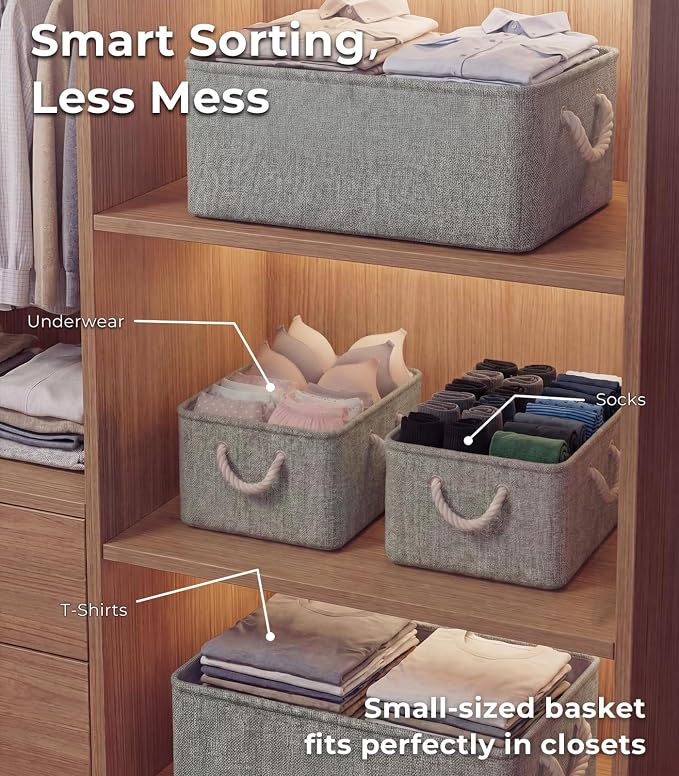 TheWarmHome Storage Bins for Shelves - 11.8x7.9x5.2 inch Grey Small Storage Baskets for Organizing, Fabric Storage Cubes Closet Organizer for Home Nursery Gift Decorative (Gray) - Image 3