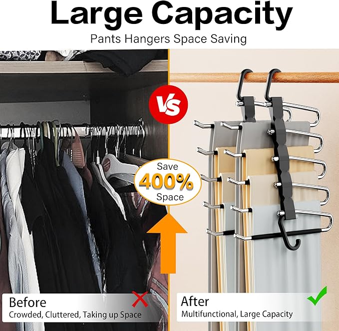 Pants Hangers Space Saving - 4 PCS Closet Organizer and Storage Jean Hangers, Stainless Steel Anti-Slip Clothes Hanger Scarf Holder Pants for Jeans Leggings Trousers Rack for Back to School, Black - Image 2