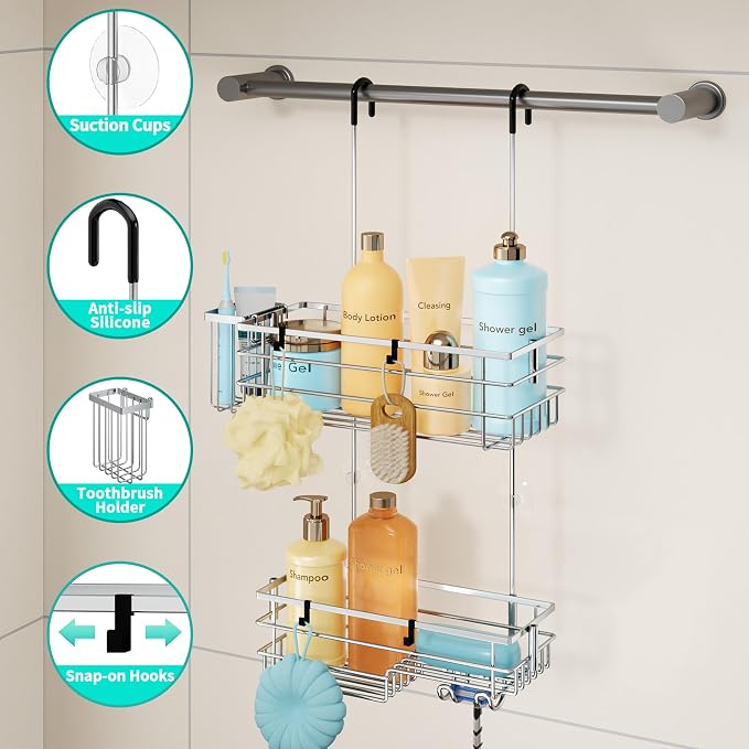 HapiRm Hanging Shower Caddy Organizer - No Drilling Shower Shelves with Hooks and Toothbrush Holder, Rustproof 304 Stainless Steel Bathroom Organizer - Silver - Image 2