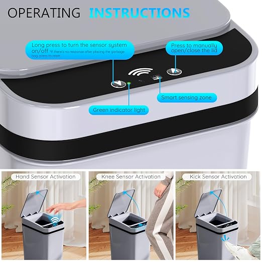 jinligogo 3Pack Bathroom Small Trash Can with Lid, 2.6 Gallon Touchless Automatic Garbage Can Slim Waterproof Motion Sensor Smart Trash Bin for Bedroom, Office, Living Room White/Black/Grey - Image 4
