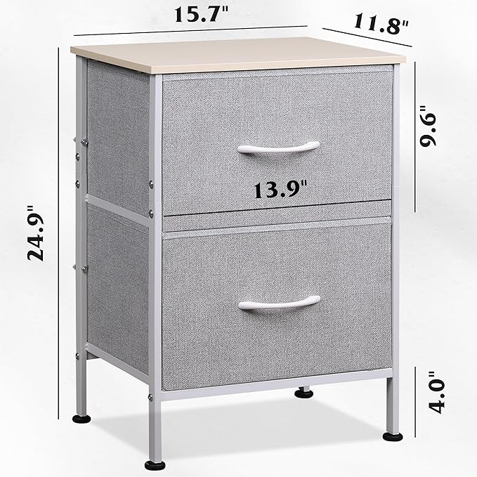WLIVE Nightstand, Nightstand with 2 Drawers, Bedside Furniture, Night Stand, Small Dresser for Bedroom, College Dorm, End Table with Fabric Bins, Dormitory, Light Grey