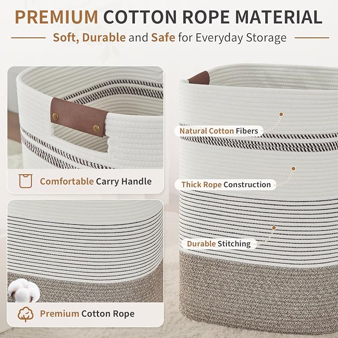 AINUOQI Laundry Hamper - Tall Woven Rope Laundry Basket - Clothes hamper with Leather Handles, 17" X 13.8" X 22", Blanket Storage Basket for Living Room, Rice Brown & White - Image 4