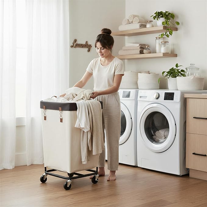 StorageWorks 160L Laundry Basket with Wheels, Large Rolling Hampers for Clothing Organizer, Dirty Clothes Basket for Hotel, Home, Closet, Dorm, Beige - Image 2