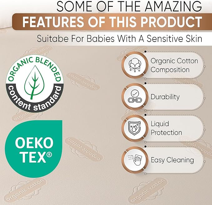Crib Organic Mattress Protector Pad - OCS Certified Organic Cotton Waterproof Breathable Mattress Pad Cover - 250 GSM Comfort - Deep Pocket - Fitted Comfort