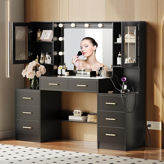 UGTOO Makeup Vanity Desk with Mirror and Lights, 58.3" Makeup Vanity with Lights & Charging Station, Dressing Table Vanity Set White Vanity Table with 8 Drawers & 2 Cabinets, Without Stool Black