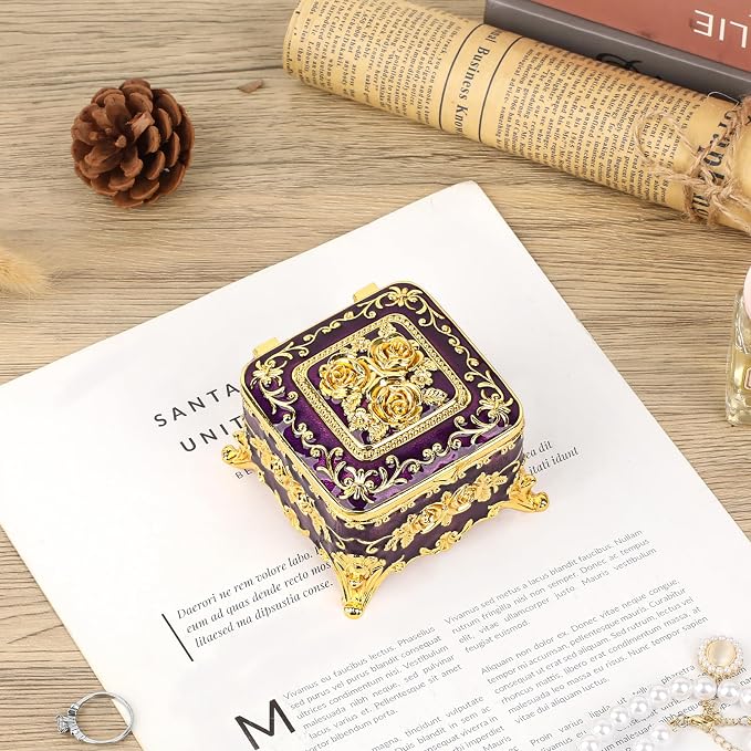 Hipiwe Vintage Jewelry Box Small Trinket Storage Organizer Box Gold Metal Chest Ring Case Treasure Chest Square Keepsake Boxes for Earrings Necklace Gift for Women,Purple - Image 4