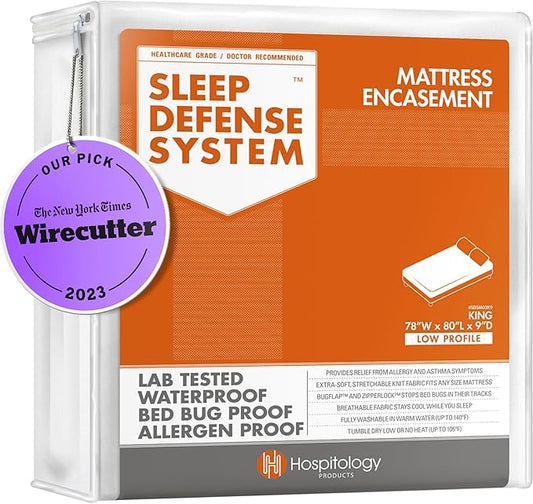 HOSPITOLOGY PRODUCTS Mattress Encasement - Zippered Bed Bug Dust Mite Proof Hypoallergenic - Sleep Defense System - King - Waterproof - Stretchable - Low Profile 9" Depth - 78" W x 80" L