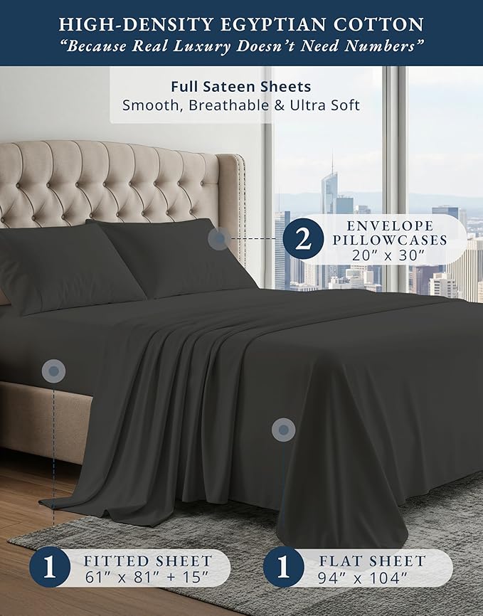 LANE LINEN 100% Egyptian Cotton Sheets Set Full Size Bed, Fully Elasticized Reinforced Seams Extra Deep Pocket Full Sheets Set (Never on Clearance), No Pill Fade Resistant Cooling - Black
