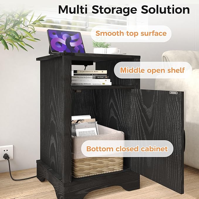 RoyalCraft 25" Tall Nightstands Set of 2, Farmhouse Nightstand with Charging Station, Large Wood End Table with Storage, Black Bedside Table for Bedroom