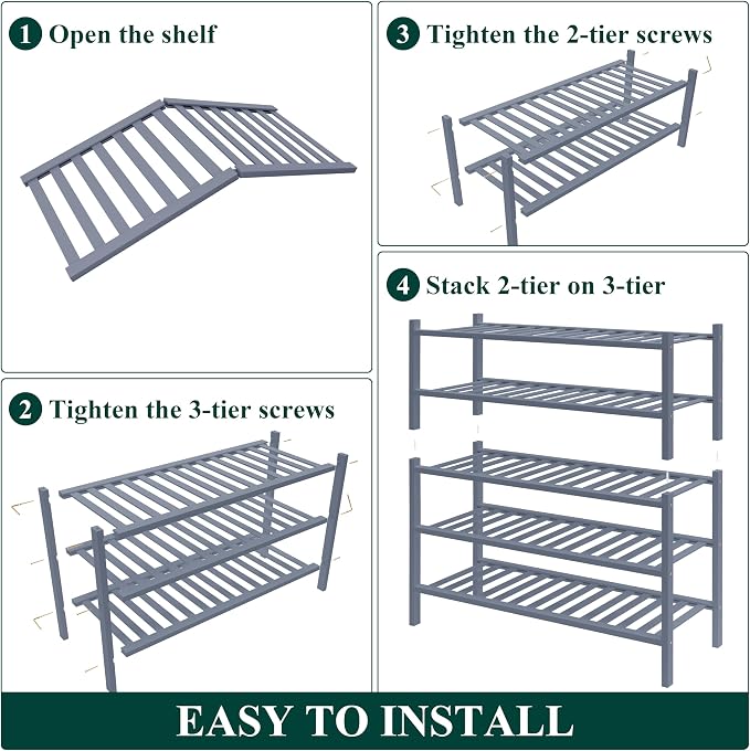 Smiry Bamboo Shoe Rack for Closet, 5 Tier Wooden Stackable Shoe Organizer, Free Standing Shoes Storage Shelf for Entryway, Front Door Entrance, Grey - Image 6