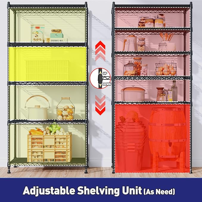 Romorgniz Storage Shelves Adjustable Metal Shelving Unit 5 Tier Wire Shelving,1010LBS Pantry Shelves Sturdy Steel Wire Shelf for Laundry Bathroom Kitchen Pantry, 13.6" D x 21.5" W x 59.4" H, 2PCS - Image 7