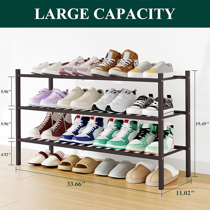Smiry Shoe Rack, 3 Tier Long Bamboo Shoe Organizer, Stackable Free Standing Wooden Shoe Storage Shelf for Closet, Entryway, Front Door Entrance, Brown - Image 2