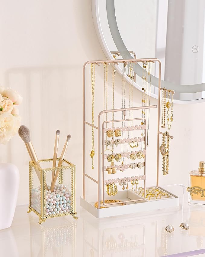 ProCase Jewelry Stand Holder Organizer, Jewelry Display Storage with Ring Tray, Rotating Earring Bracelet Necklace Holder, Valentine's Gifts Room Dorm Decor for Teen Girls -Champagne (No-Assembly) - Image 2