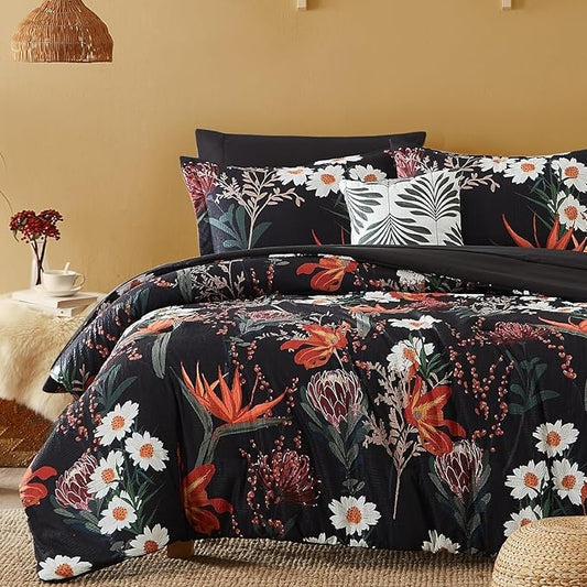 CASAAGUSTO Full Comforter Set, 7 PCS Black Shore Floral Comforter Set with Flowers Leaves Pattern, Soft Seersucker Design All Season Queen Size Bedding Set with Decor Pillow (80"X90")