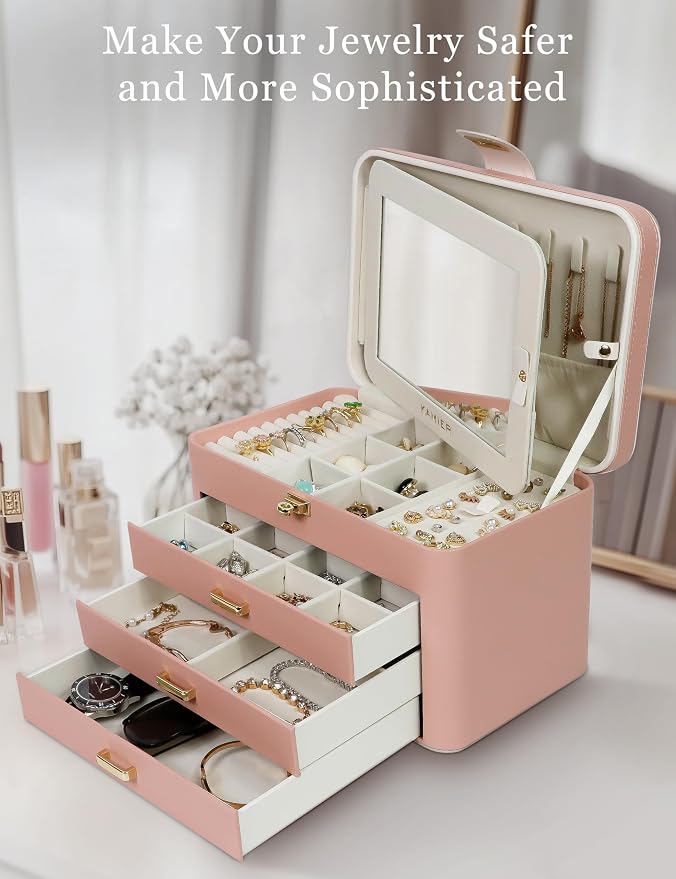 KAMIER Jewelry Organizer Box for Women - 4 Layer Drawer Jewellery Storage with Lock and Mirror - Jewelry Case for Necklaces Rings Bracelets Earring Holder Organizers (Pink) - Image 4