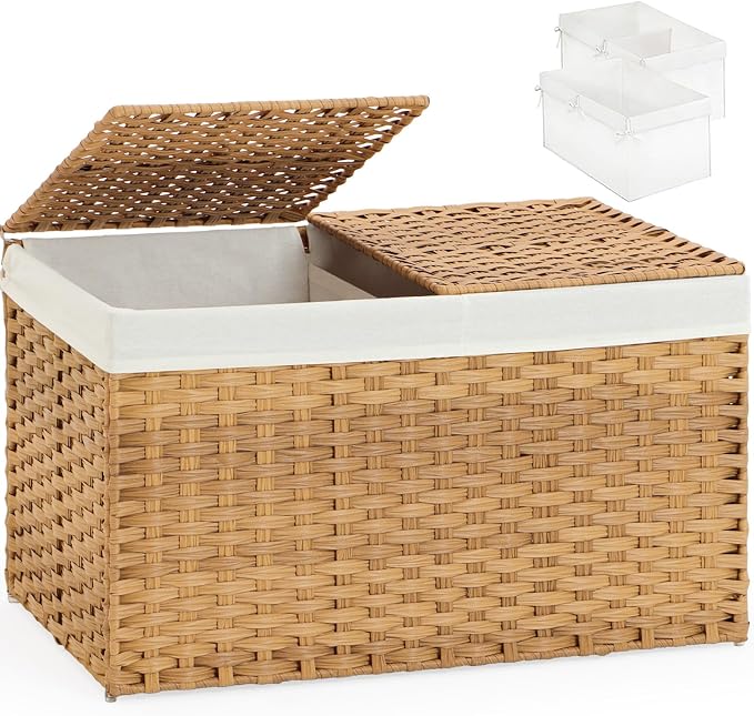 SETVSON Storage Basket with Lid Rattan Storage Basket with 2 Separate Lid, 27.8 Gallon (105 L) 25.2 * 15.4 * 16.1 Inches Woven Wicker Baskets with 2 Liners and Handles for Bedroom Laundry-Natural by SETVSON
