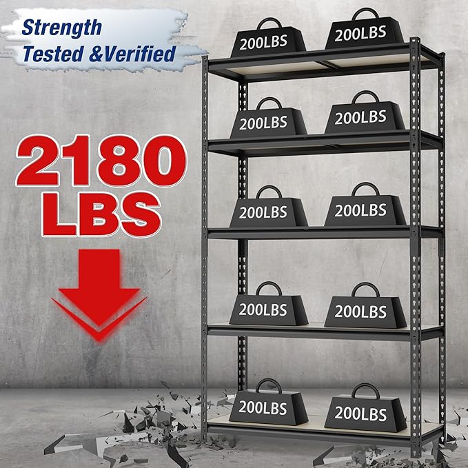 WORKPRO 5-Tier Storage Shelf, 72" H Heavy Duty Adjustable Garage Shelving Unit 2180LBS Capacity, for Basement, Kitchen, Pantry, 27.6”Wx11.8”Dx60”H, Black - Image 3
