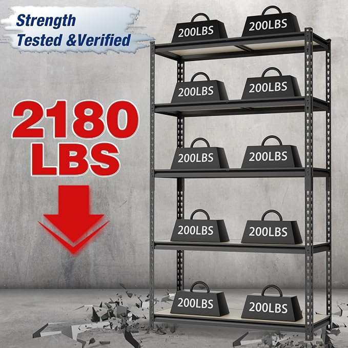 WORKPRO 5-Tier Storage Shelf, 72" H Heavy Duty Adjustable Garage Shelving Unit 2180LBS Capacity, for Basement, Kitchen, Pantry, 35.4”Wx15.7”Dx72”H, Black - Image 3