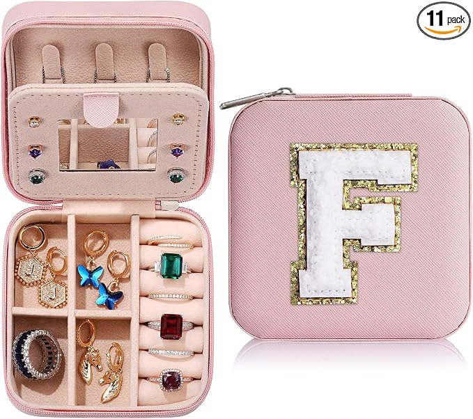 Parima Gifts for Mom - Small Travel Jewelry Box, Travel Jewelry Case with Mirror for Necklace Earrings Rings Organizer | Birthday Gifts Christmas Travel Gifts for Mom - Letter F, Pink by PARIMA