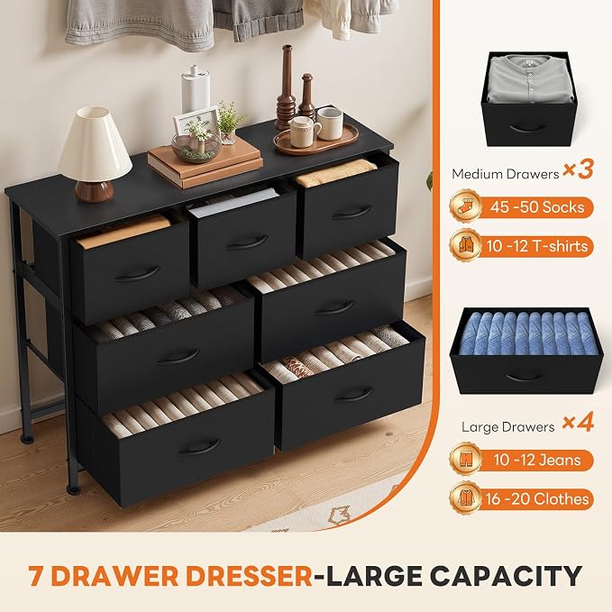 Sweetcrispy 7 Drawer Dresser with Fabric Bins Fabric Storage Tower Organizer for Bedroom Closet Hallway Entryway Tall Chest of Drawers with Steel Frame Wood Top Easy Pull Handles,Black - Image 5