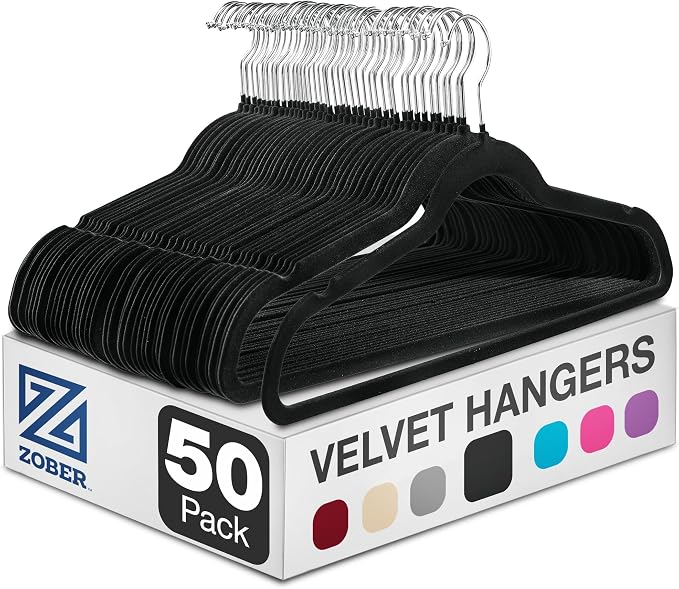 ZOBER Black Velvet Hangers 50 Pack - Clothes Hangers, Coat Hanger for Pants & Dress Clothes - Non Slip w/ 360 Degree Swivel, Holds up to 10 lbs - Strong Felt Hanger for Clothing by ZOBER