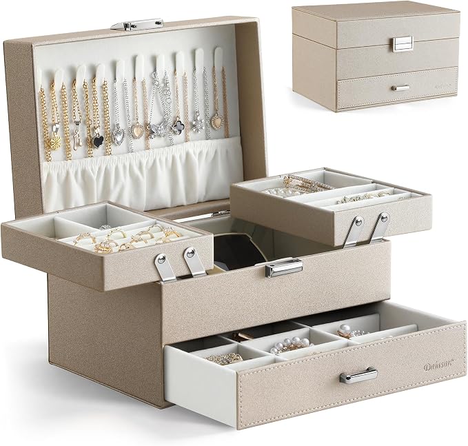 Dajasan Jewelry Organizer Box, Large Jewelry Boxes for Women Girls, Space-Saving 3 Layers Jewelry Storage Case with Drawer, Movable Metal Stand, Modern, Gift Idea (Champagne) by DAJASAN