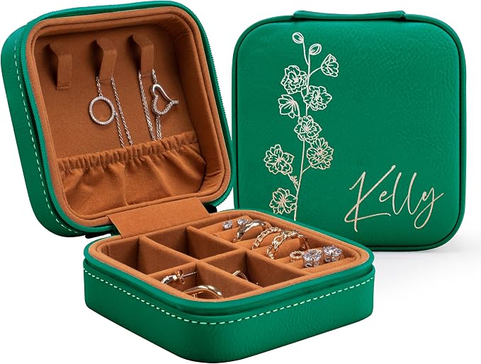 Custom Leather Jewelry Box w/Name & Birth Flower Month - Birthday Gifts for Women, Personalized Jewelry Travel Case - Customized Jewelry Organizer Box, Mom Birthday Gifts - Emerald by PersonalizationLab