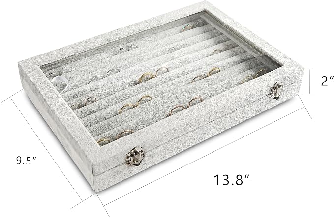 Frebeauty Rings/Earrings Organizer Tray with Clear Lid 10 Slots Velvet Drawer Insert Jewelry Storage box with Glass lid Jewelry Display Case Showcase Gift for Girls Women (Grey, 10 Slots) - Image 2