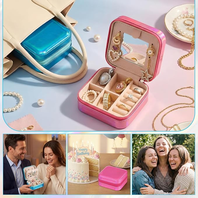 Nosiny 2 Pack Travel Jewelry Case with Mirror Small Laser Jewelry Box Organizer Gifts for Mother's Day Women Rings Earrings(Rose Red and Dark Blue) - Image 6
