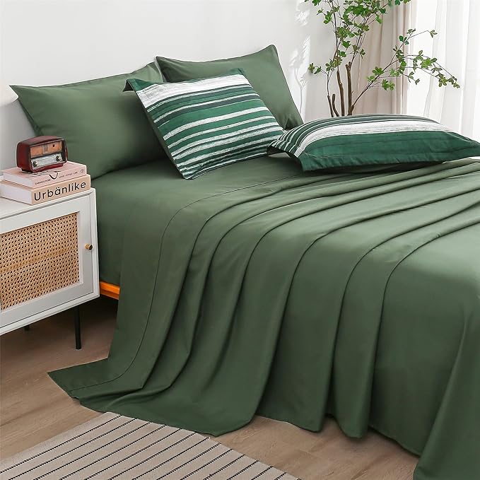 KAKIJUMN 7 Piece Bed in a Bag Stripe Comforter Set Queen Size, White Grey Green Patchwork Striped Comforter and Sheet Set, All Season Soft Microfiber Complete Bedding Sets(Dark Green,Queen)