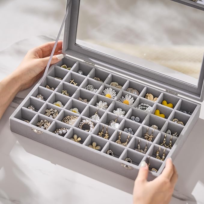48 Grid Earring Organizer and Storage: Velvet Jewelry Tray with Lid, Jewelry Box for Studs, Earrings, Rings, Necklaces, Dresser & Vanity, Earrings Case Organizer for Girls, Women, 13"x8.6"x2.4", Grey - Image 7