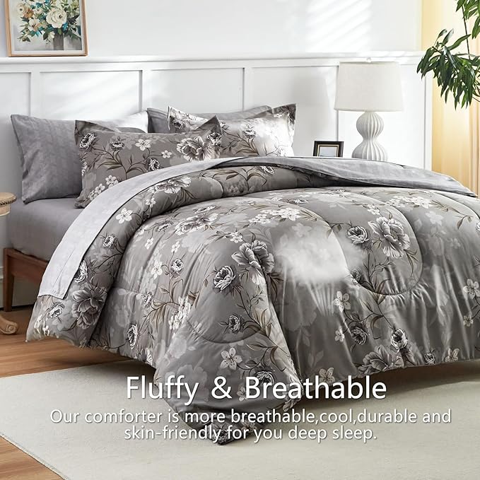 AIKASY 7-Piece Queen Size Bed in a Bag Comforter Set - Taupe Floral Ensemble with Reversible Botanical Flowers Comforter, Sheets, Pillowcases & Shams