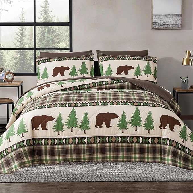 Comforter Set Queen Size Rustic Bear Comforter Bedding-7 Piece Bed in a Bag, Soft Fluffy Reversible Microfiber Bedding Set(1 Comforter,1 Flat Sheet,1 Fitted Sheet,2 Pillowcases,2 Pillow Shams),Green