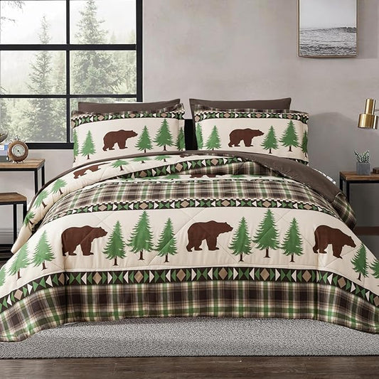 Comforter Set Queen Size Rustic Bear Comforter Bedding-7 Piece Bed in a Bag, Soft Fluffy Reversible Microfiber Bedding Set(1 Comforter,1 Flat Sheet,1 Fitted Sheet,2 Pillowcases,2 Pillow Shams),Green